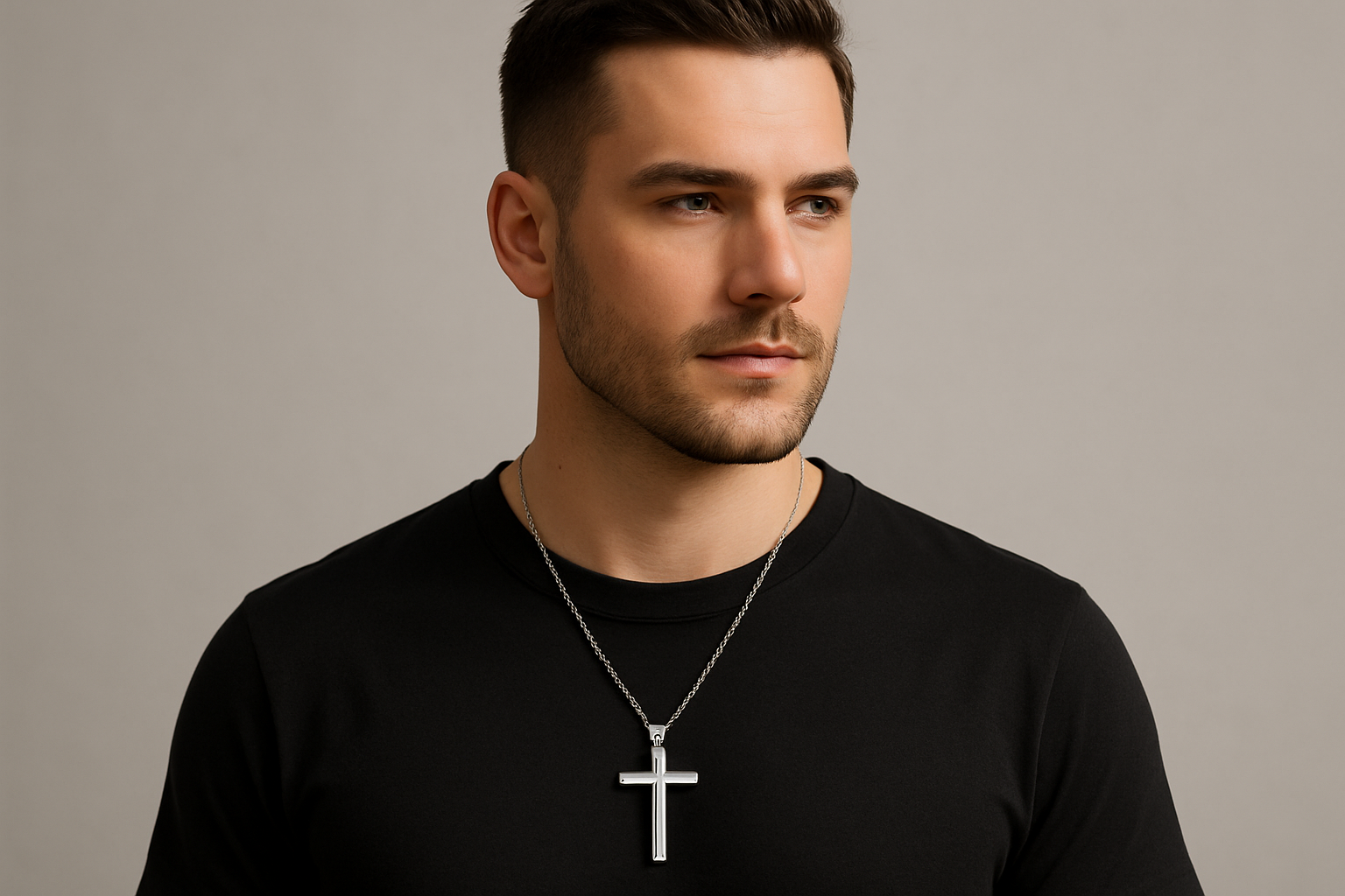 MEN 'S STAINLESS STEEL CROSS NECKLACE ON A MODEL