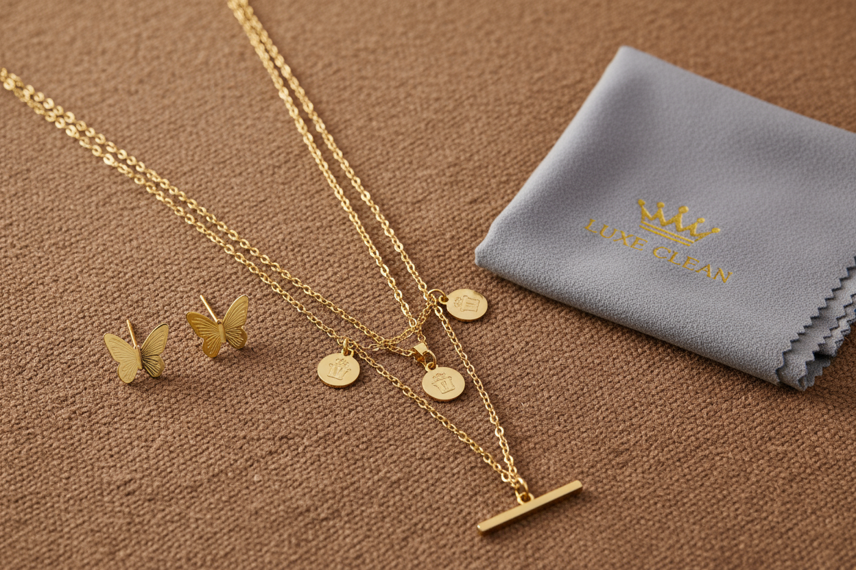 on brown textured background place multi layered gold stainless steel necklace ,gold stainless steel butterfly earring and folded jewellery cleaning cloth 